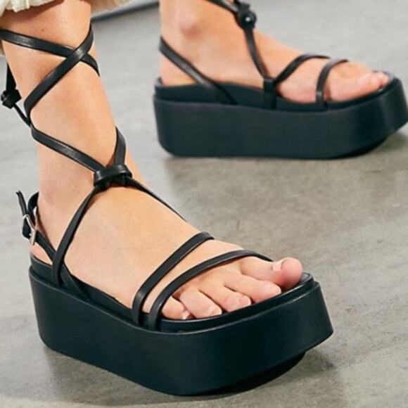 Free People Shoes - Free People Midnight Mood Black Leather Platform Lace Up Sandals 39 size 9